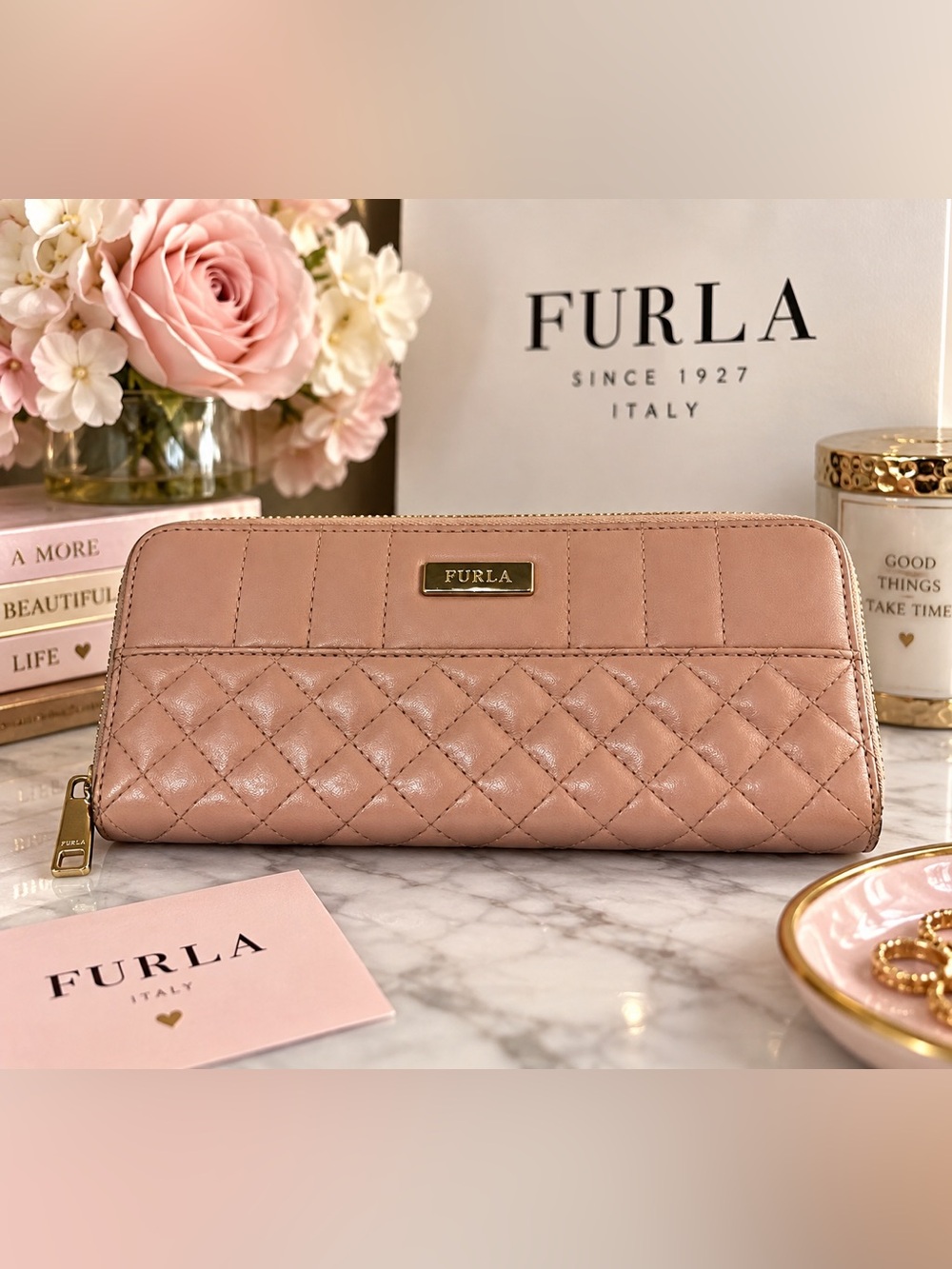 Furla Cometa XL Quilted Leather Zip Around Wallet Dalia Blush Nude